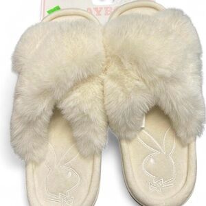 PLAYBOY Cream Fluffy Slippers SMALL LARGE, EXTRA LARGE
